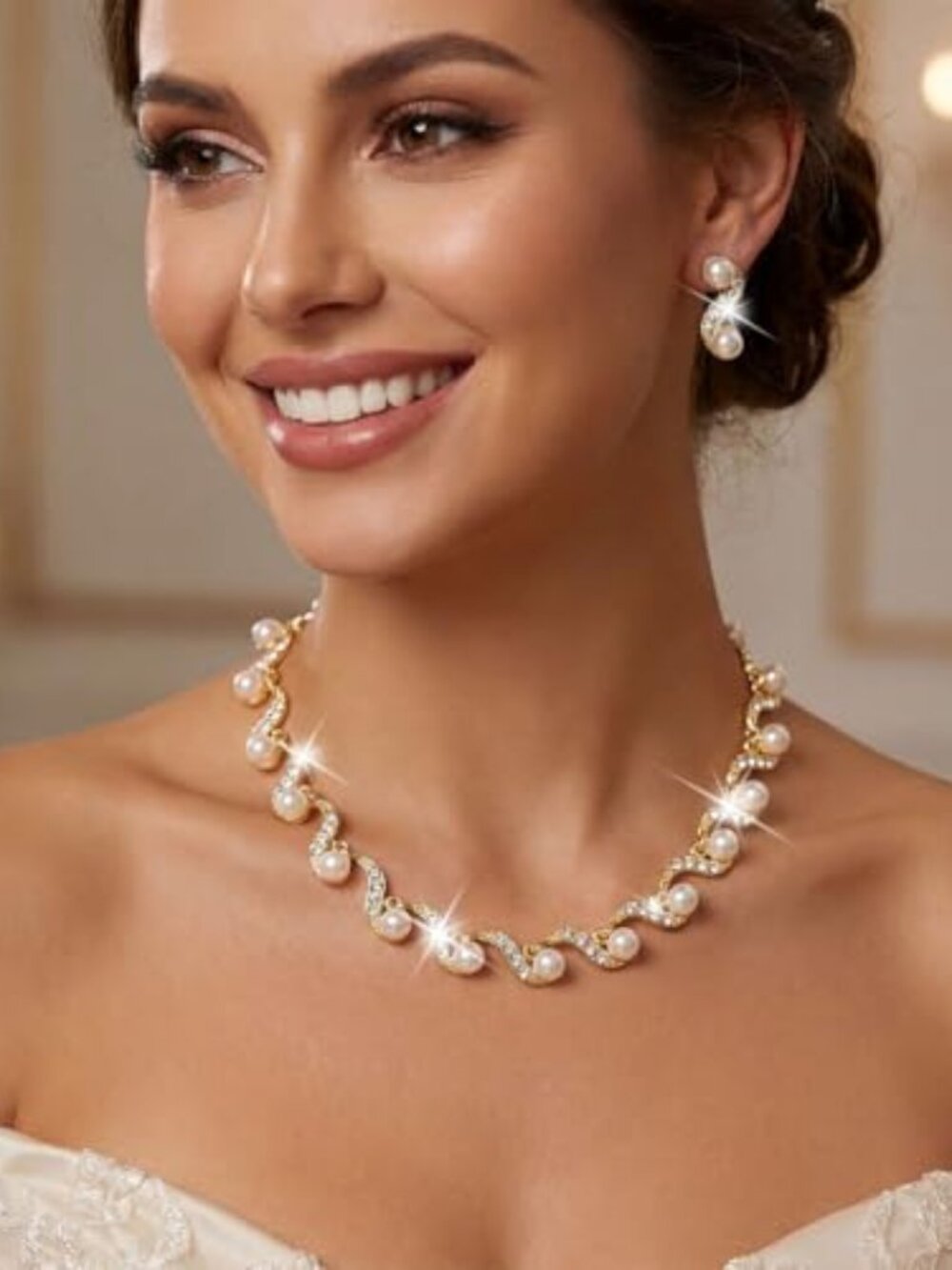 Gold Pearl Bridal Wedding Jewelry Set Rhinestone Necklace‎ Earrings Set